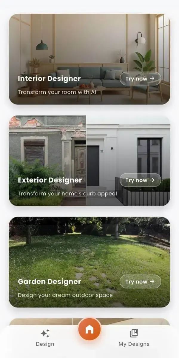 DecorAI app screen showing an AI room redesign generated from a photo