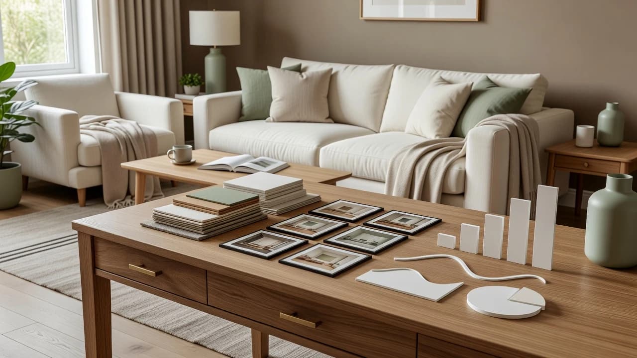 AI interior design statistics study with room concepts and material samples