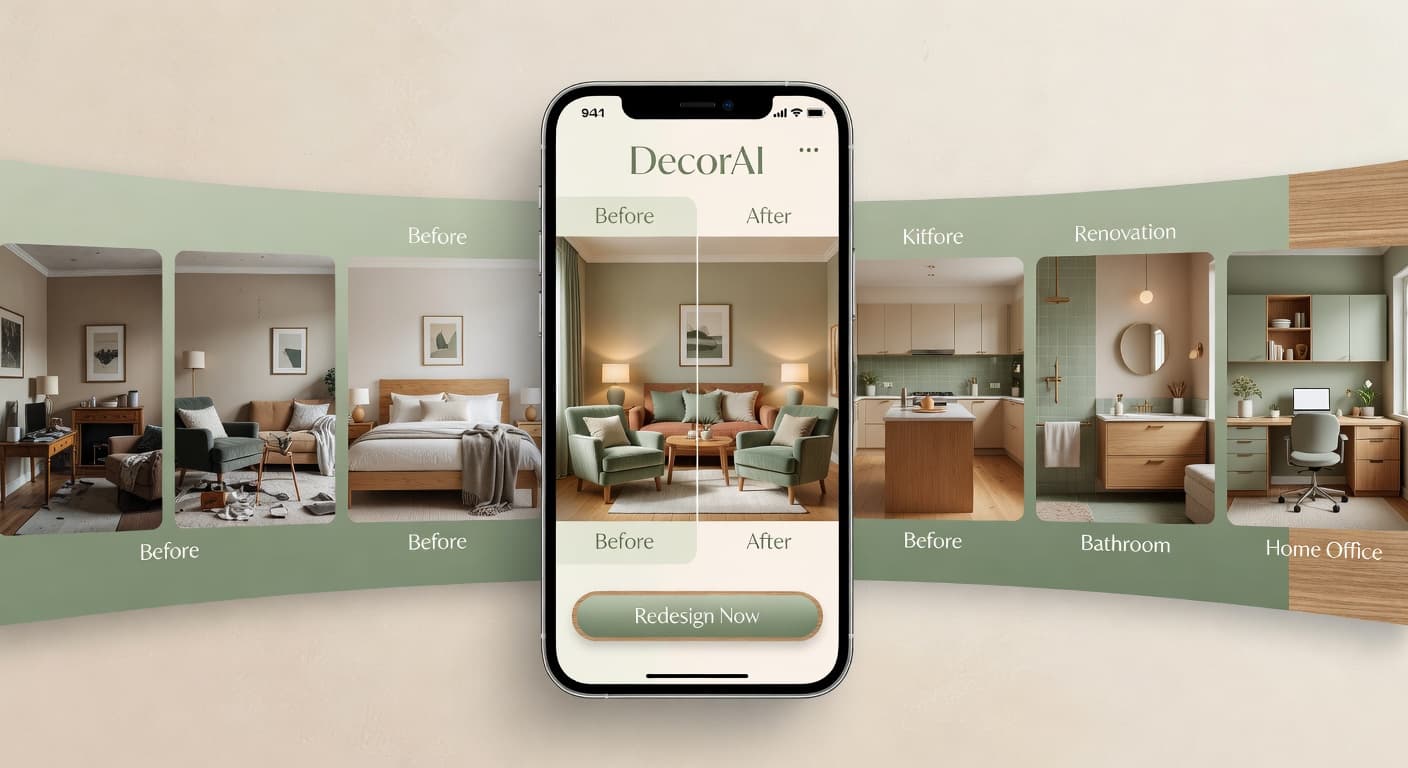 DecorAI – AI Interior Design app collage with before-and-after room redesigns on iPhone and Android