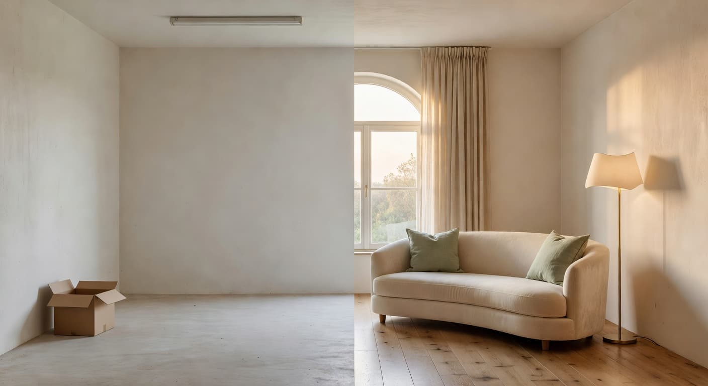 DecorAI AI Interior Design before and after living room transformation generated from a single room photo
