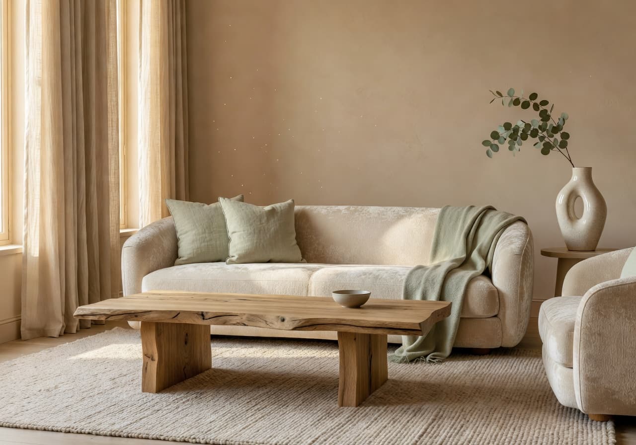 Living Room AI room makeover before and after, Warm Minimalist style, generated with DecorAI