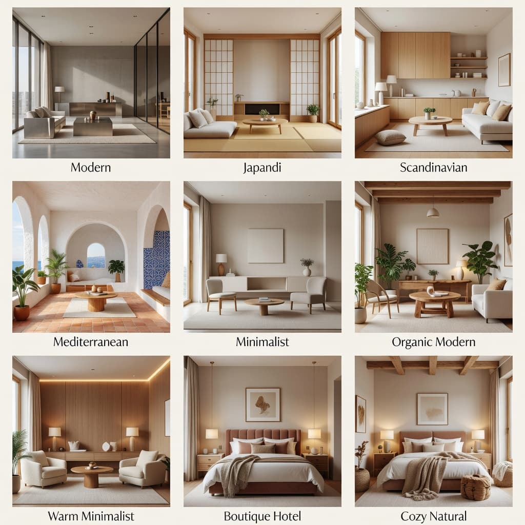 DecorAI AI interior design style library showing modern, Japandi, Scandinavian, Mediterranean, minimalist, and warm minimalist room concepts