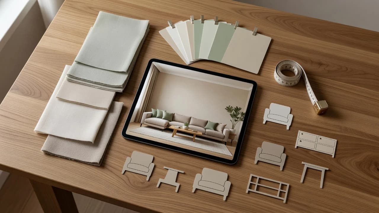 AI interior design decision board with materials and room concept