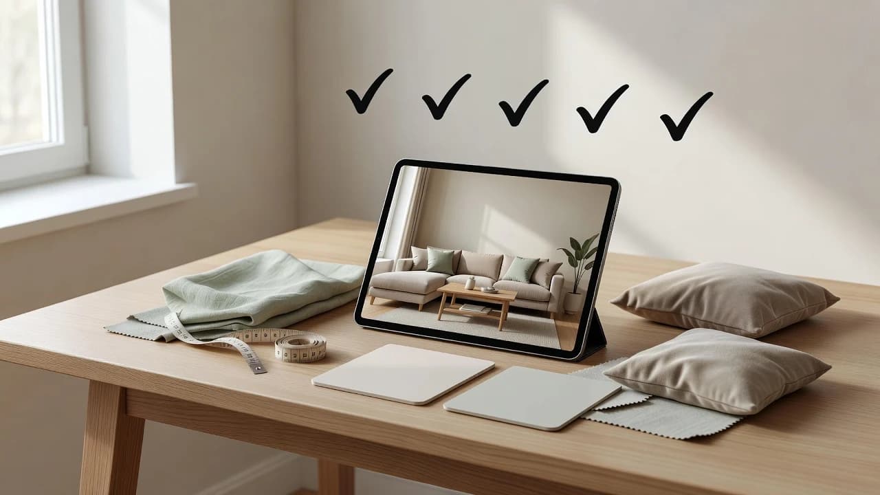AI interior design planning checklist beside a generated room concept