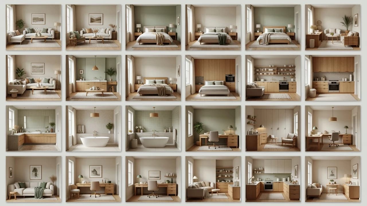 Grid representing six room types in an AI interior design statistics study